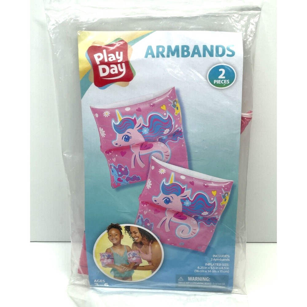 2 Play Day Inflatable Unicorn Printed Armbands in‎ Pink Ages 3-6 NEW Water Wings